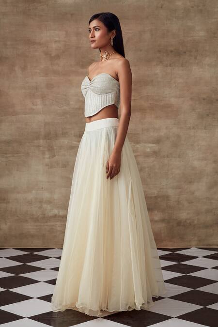Rishi and Vibhuti_White Shimmer Fabric Frozen Lehenga Set_Online_at_Aza_Fashions