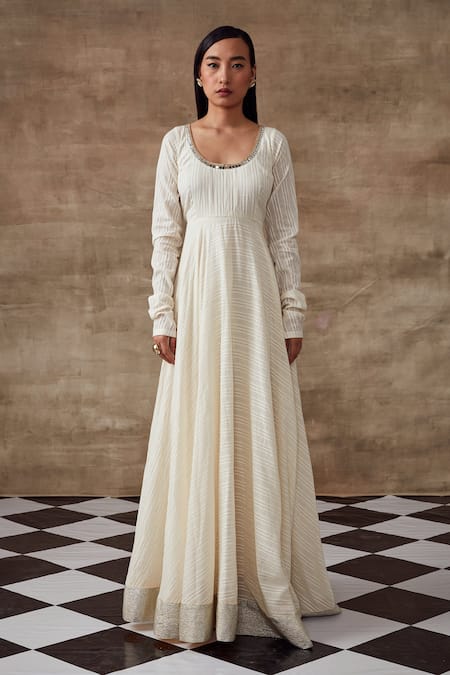 Rishi and Vibhuti White Net, Organic Cotton Mirror Work U Neck Waterlily Anarkali And Dupatta Set Online at Aza Fashions Rishi and Vibhuti_White Net, Organic Cotton Mirror Work U Neck Waterlily Anarkali And Dupatta Set _Online_at_Aza_Fashions