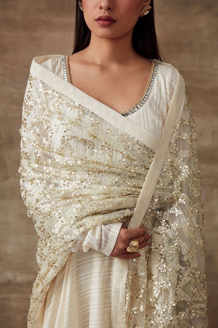 Shop Rishi and Vibhuti White Net, Organic Cotton Mirror Work U Neck Waterlily Anarkali And Dupatta Set Online at Aza Fashions Shop_Rishi and Vibhuti_White Net, Organic Cotton Mirror Work U Neck Waterlily Anarkali And Dupatta Set _Online_at_Aza_Fashions