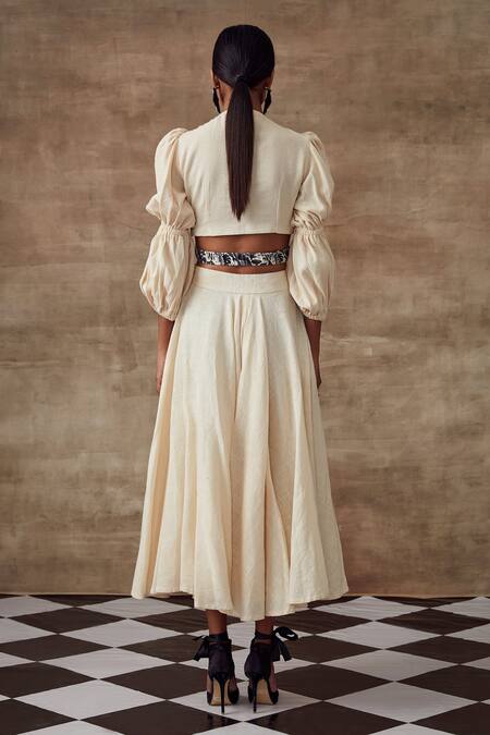Rishi and Vibhuti White Moss Cotton Oleander Balloon Sleeve Top And Skirt Set 2