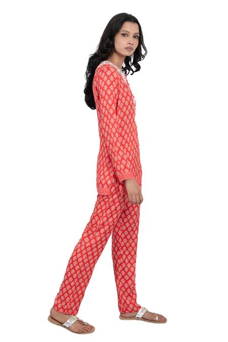 Monisha Jaising_Red Cotton Silk Floral, Mirror Work Round Print Kurta And Pant Set_Online_at_Aza_Fashions
