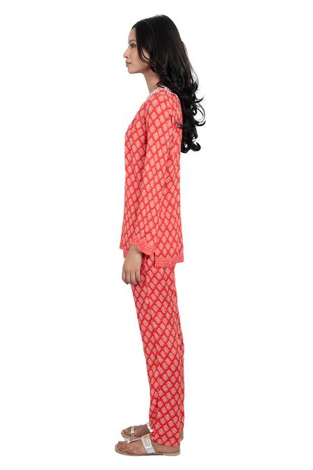 Buy_Monisha Jaising_Red Cotton Silk Floral, Mirror Work Round Print Kurta And Pant Set_Online_at_Aza_Fashions