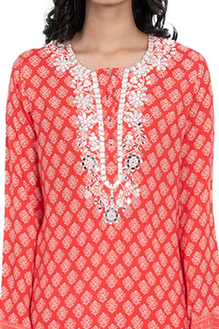 Shop_Monisha Jaising_Red Cotton Silk Floral, Mirror Work Round Print Kurta And Pant Set_Online_at_Aza_Fashions