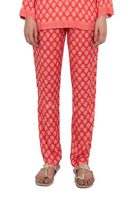 Monisha Jaising_Red Cotton Silk Floral, Mirror Work Round Print Kurta And Pant Set_at_Aza_Fashions