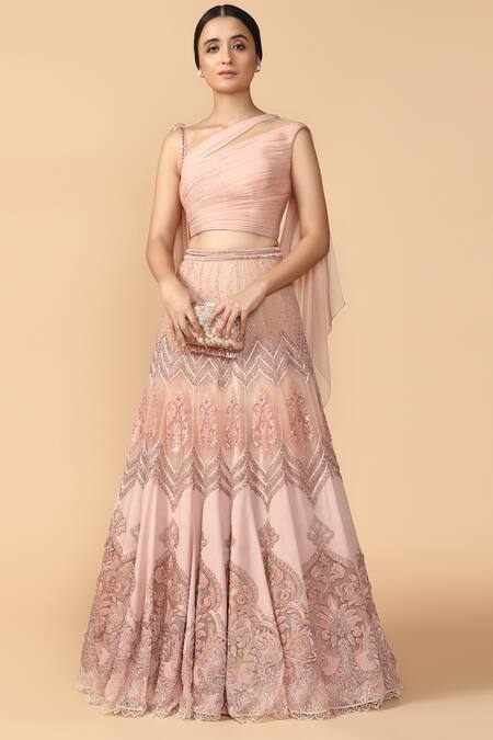 Tarun Tahiliani Pink Silk Georgette Asymmetric Neckline Embroidered Lehenga Set 