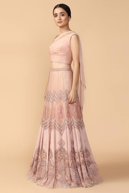 Tarun Tahiliani_Pink Silk Georgette Asymmetric Neckline Embroidered Lehenga Set _Online_at_Aza_Fashions
