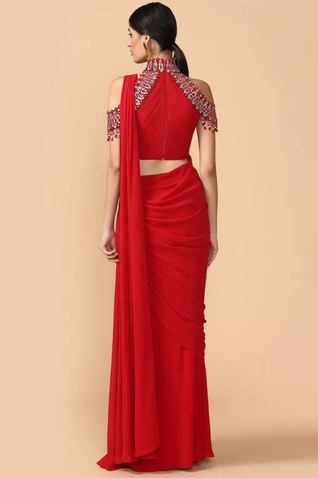 Shop Tarun Tahiliani Red Pre-draped Saree at Aza Fashions Shop_Tarun Tahiliani_Red Pre-draped Saree_at_Aza_Fashions