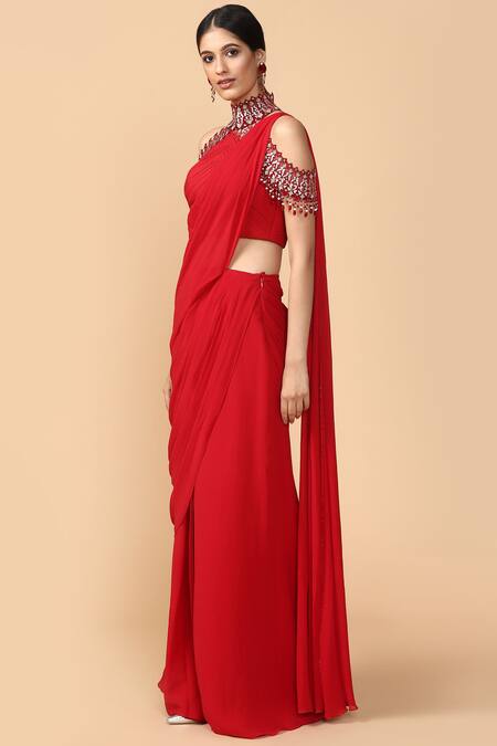 Tarun Tahiliani Red Pre-draped Saree Online at Aza Fashions Tarun Tahiliani_Red Pre-draped Saree_Online_at_Aza_Fashions