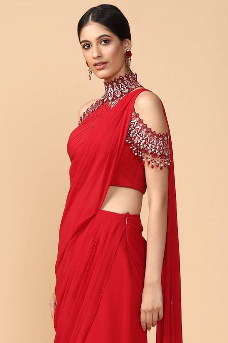 Buy Tarun Tahiliani Red Pre-draped Saree Online at Aza Fashions Buy_Tarun Tahiliani_Red Pre-draped Saree_Online_at_Aza_Fashions