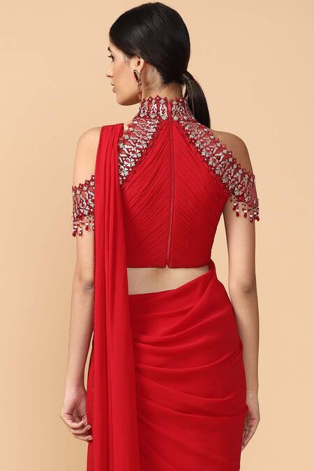 Shop Tarun Tahiliani Red Pre-draped Saree Online at Aza Fashions Shop_Tarun Tahiliani_Red Pre-draped Saree_Online_at_Aza_Fashions