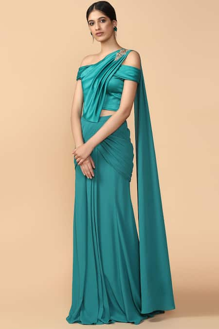 Tarun Tahiliani Green Georgette One Shoulder Pre-draped Saree With Blouse 