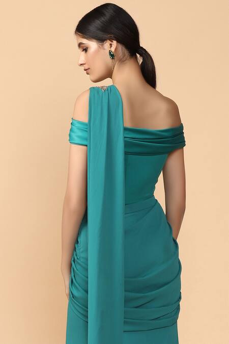 Shop_Tarun Tahiliani_Green Georgette One Shoulder Pre-draped Saree With Blouse _Online_at_Aza_Fashions