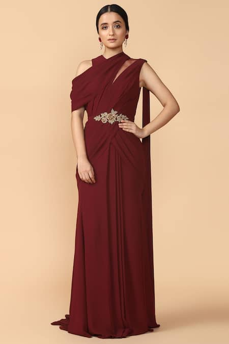 Tarun Tahiliani Wine Georgette High Neck Pre-draped Saree 