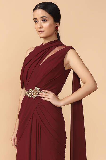 Buy_Tarun Tahiliani_Wine Georgette High Neck Pre-draped Saree _Online_at_Aza_Fashions