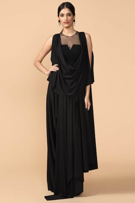 Tarun Tahiliani Black Crepe Jersey Round Pre-draped Saree 