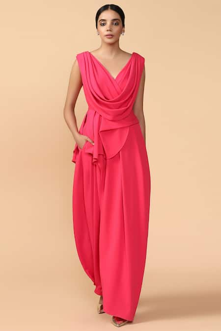 Tarun Tahiliani Pink Deep V Neck Asymmetric Top Pant Set 