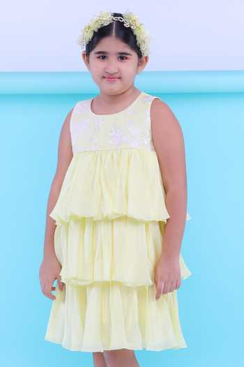 Shop Ranikidswear Yellow Satin, Organza Embroidery Pastel Layered Ruffle Dress at Aza Fashions Shop_Ranikidswear_Yellow Satin, Organza Embroidery Pastel Layered Ruffle Dress_at_Aza_Fashions