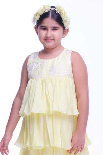 Ranikidswear_Yellow Satin, Organza Embroidery Pastel Layered Ruffle Dress_Online_at_Aza_Fashions