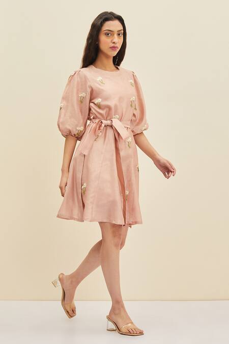Meadow_Pink Silk, Cotton Chanderi Floral Round Rory Embroidered Dress_Online_at_Aza_Fashions