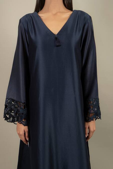 Shop_Ikshita Choudhary_Blue Chanderi Silk Floral Cutwork V Neck Kurta_Online_at_Aza_Fashions