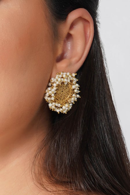 ZARIIN_Gold Plated Fresh Water Pearls Cutwork Stud Earrings_Online_at_Aza_Fashions