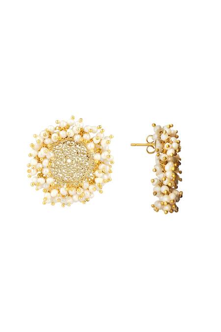 Buy_ZARIIN_Gold Plated Fresh Water Pearls Cutwork Stud Earrings_Online_at_Aza_Fashions