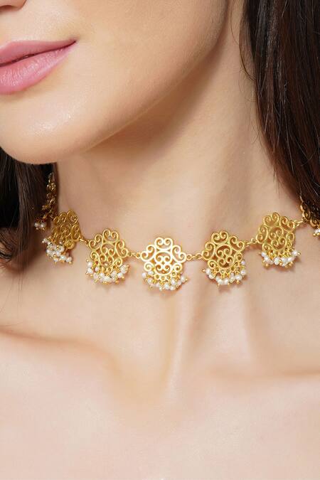 Zariin_Gold Plated Cutwork Choker _Online_at_Aza_Fashions
