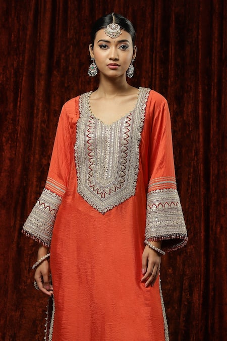 Shikhar Sharma_Orange Silk Chanderi Embroidered Pearl Leaf Neck Kurta Pant Set _at_Aza_Fashions