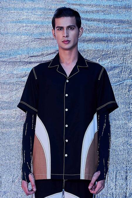 Line out line_Black Cotton Cut And Sew Resort Shirt_at_Aza_Fashions