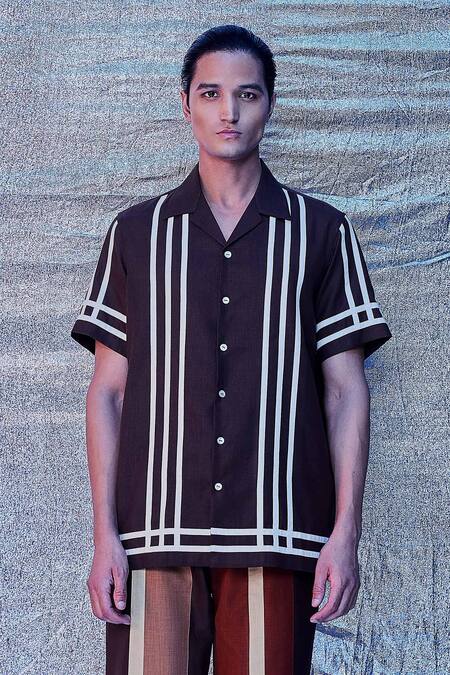 Buy_Line Out Line_Brown Cotton Contrast Stripe Pattern Resort Shirt_Online_at_Aza_Fashions