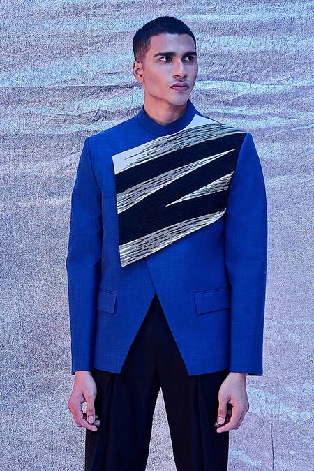 Shop_Line Out Line_Blue Cotton Embroidery Moderne Bandhgala_Online_at_Aza_Fashions