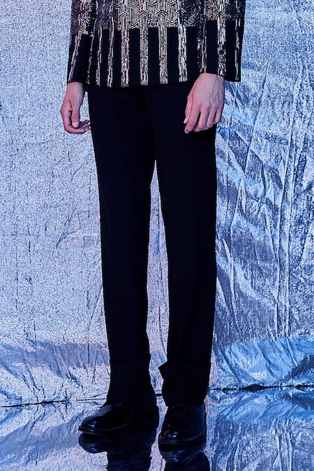 Buy_Line Out Line_Black Cotton Poly Blend Solid Cuffed Straight-fit Pant_Online_at_Aza_Fashions