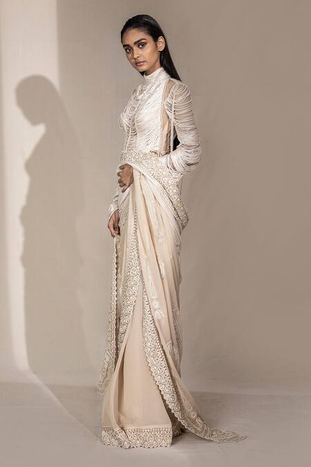 Abhishek Sharma_White Chiffon Pearl High Embroidered Saree With Blouse _Online_at_Aza_Fashions