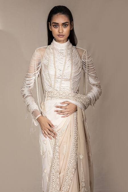 Abhishek Sharma_White Chiffon Pearl High Embroidered Saree With Blouse _at_Aza_Fashions