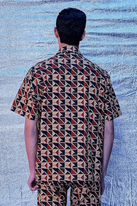 Buy_Line Out Line_Brown Cotton Poplin Print Chevron Geo Resort Shirt_Online_at_Aza_Fashions