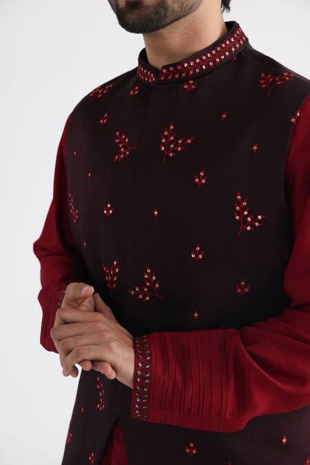 Buy_Smriti By Anju Agarwal_Brown Linen, Satin Embroidery Leaf Nehru Jacket _Online_at_Aza_Fashions