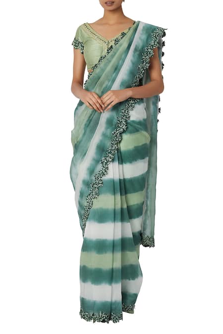Devnaagri_Green Raw Silk, Organza V Neck Embroidered Saree With Blouse _Online_at_Aza_Fashions