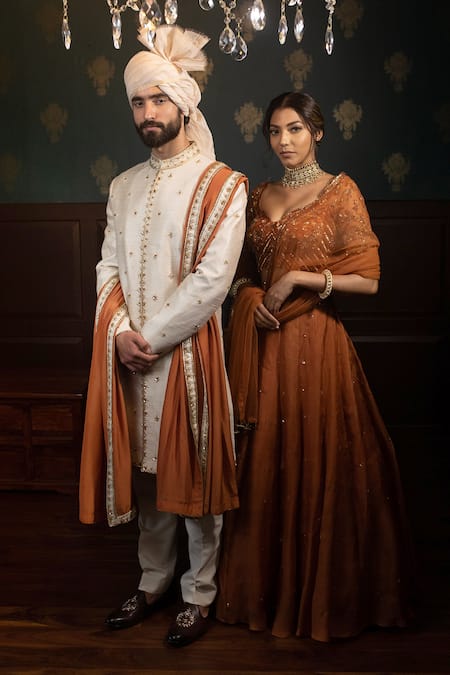 Contrast By Parth_Beige Pure Raw Silk Embroidered Sherwani Set _Online_at_Aza_Fashions