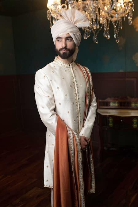 Buy_Contrast By Parth_Beige Pure Raw Silk Embroidered Sherwani Set _Online_at_Aza_Fashions