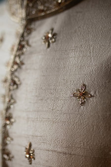 Shop_Contrast By Parth_Beige Pure Raw Silk Embroidered Sherwani Set _Online_at_Aza_Fashions