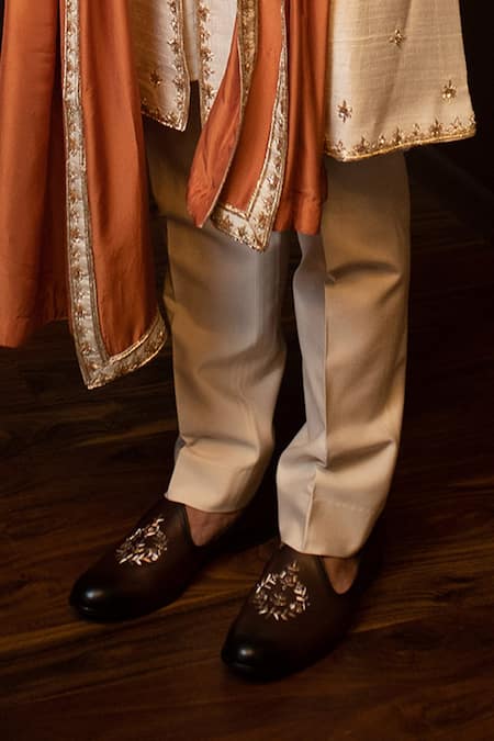 Contrast By Parth_Beige Pure Raw Silk Embroidered Sherwani Set _at_Aza_Fashions