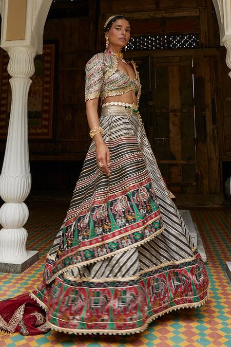 Aditi Gupta_Black Patola Silk And Net Gota Patti, Pearl, Sequin, Stripe Print Lehenga Set_Online_at_Aza_Fashions