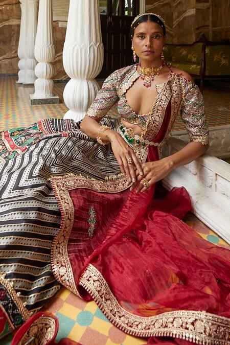 Buy_Aditi Gupta_Black Patola Silk And Net Gota Patti, Pearl, Sequin, Stripe Print Lehenga Set_Online_at_Aza_Fashions