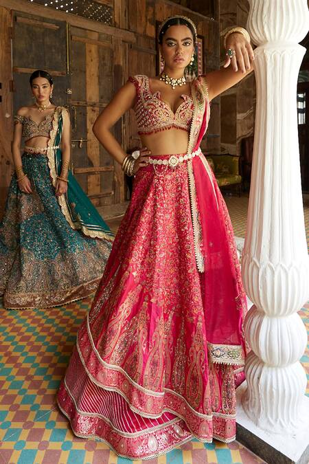 Shop Aditi Gupta Red Blouse Silk And Dupatta Organza, Lehenga Floral Motifs Layered Bridal Set at Aza Fashions Shop_Aditi Gupta_Red Blouse Silk And Dupatta Organza, Lehenga Floral Motifs Layered Bridal Set_at_Aza_Fashions