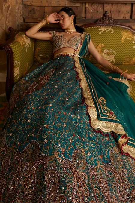 Aditi Gupta_Blue Blouse Silk And Dupatta Organza, Lehenga Jamawar Floral Motifs Bridal Set _Online_at_Aza_Fashions