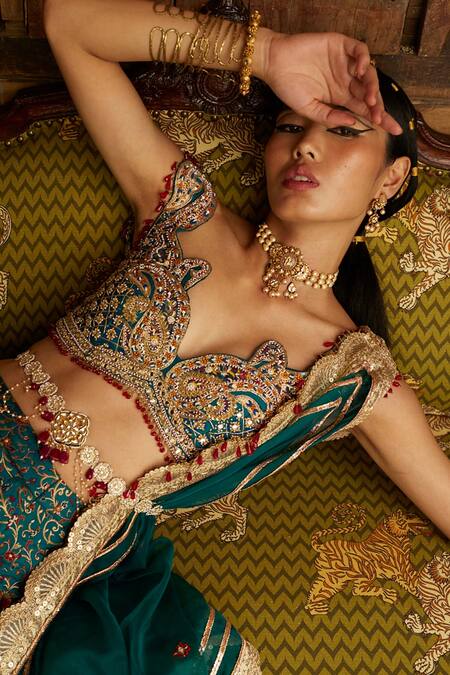 Buy_Aditi Gupta_Blue Blouse Silk And Dupatta Organza, Lehenga Jamawar Floral Motifs Bridal Set _Online_at_Aza_Fashions