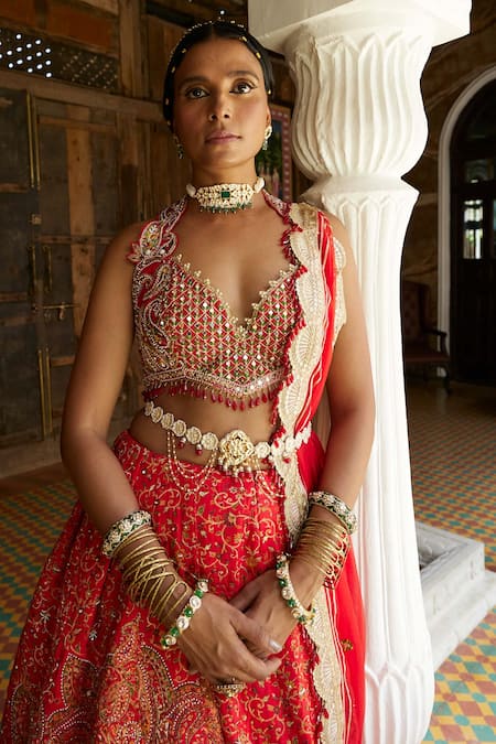 Buy_Aditi Gupta_Red Blouse Silk And Dupatta Organza, Lehenga Jamawar Katan Floral Motifs Set _Online_at_Aza_Fashions