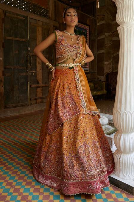Aditi Gupta_Yellow Blouse Silk And Dupatta Organza, Lehenga Jamawar Floral Motifs Set _Online_at_Aza_Fashions