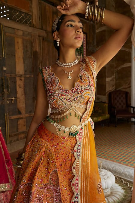 Shop_Aditi Gupta_Yellow Blouse Silk And Dupatta Organza, Lehenga Jamawar Floral Motifs Set _Online_at_Aza_Fashions