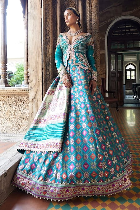 Aditi Gupta - Green Silk Woven And Embroidery V Jacket & Lehenga Set For  Women